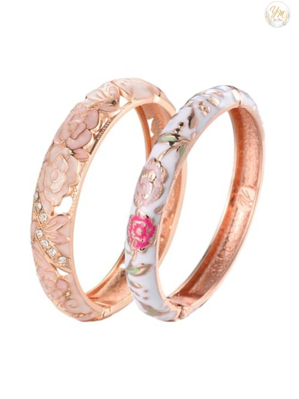 Cloisonne Hinged Cuff Bracelet 2-Piece Set Rhinestone Enamel Floral
